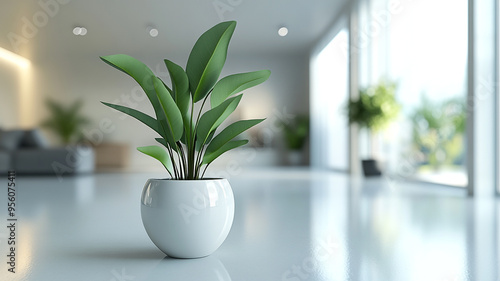 A modern indoor plant in a minimalist living room with large windows and natural light