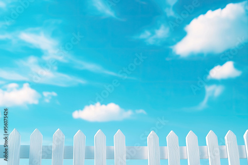 A serene sky with fluffy clouds above a white picket fence, creating a calm and peaceful atmosphere in the outdoors.