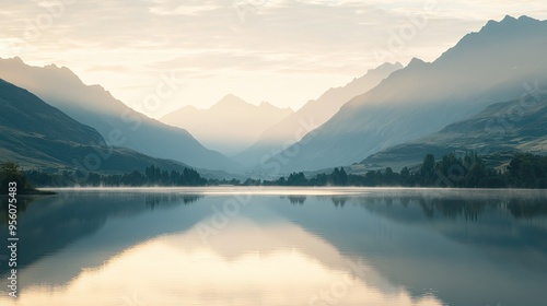 Early morning light streams over the mountains, casting a gentle glow on the calm lake below, creating a peaceful scene