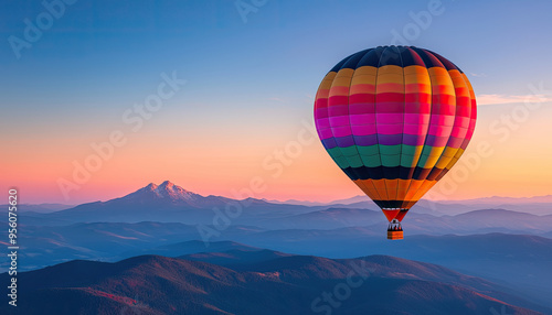 A vibrant hot air balloon floats gracefully over majestic mountains at sunrise, creating a stunning aerial view.