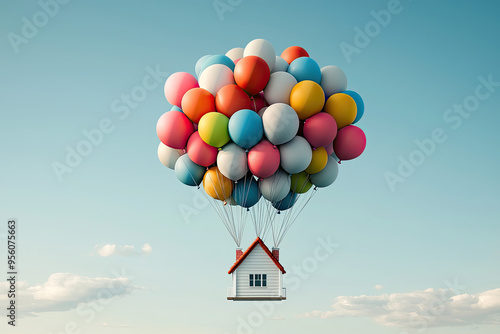 A whimsical image of a house floating in the sky, lifted by colorful balloons. Perfect for concepts of dreams and imagination.