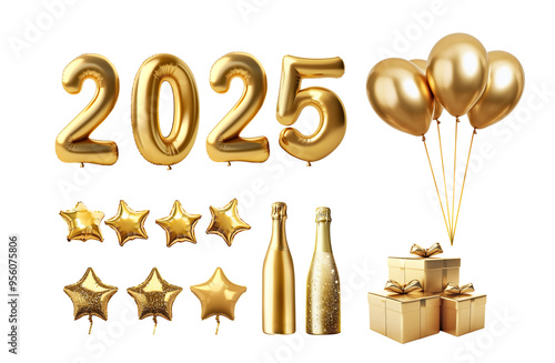 Festive collection of golden New Year’s Eve decorations.2025 balloon numbers, star balloons, champagne bottles, and gift boxes.celebratory events.with out background