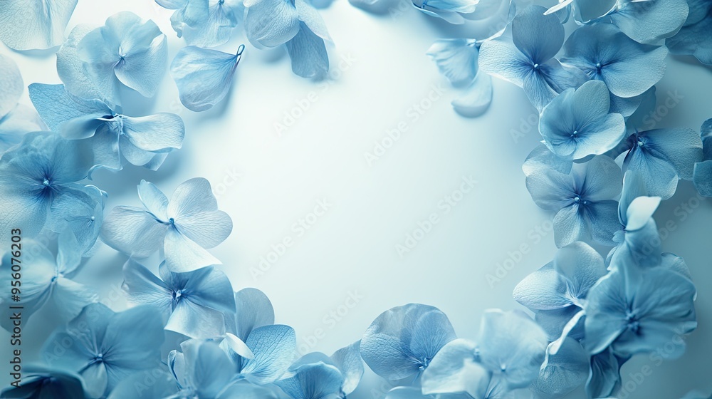 Gentle blue petals in motion, forming a loose, airy frame for a floral overlay, isolated on a light background. Gentle blue petals in motion, forming a loose, airy frame for a floral overlay, isolated on a light background.