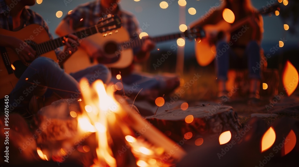 Obraz premium Group of people playing guitars around a campfire with warm bokeh lights in the background. Concepts of outdoor gatherings, music, and cozy evenings.
