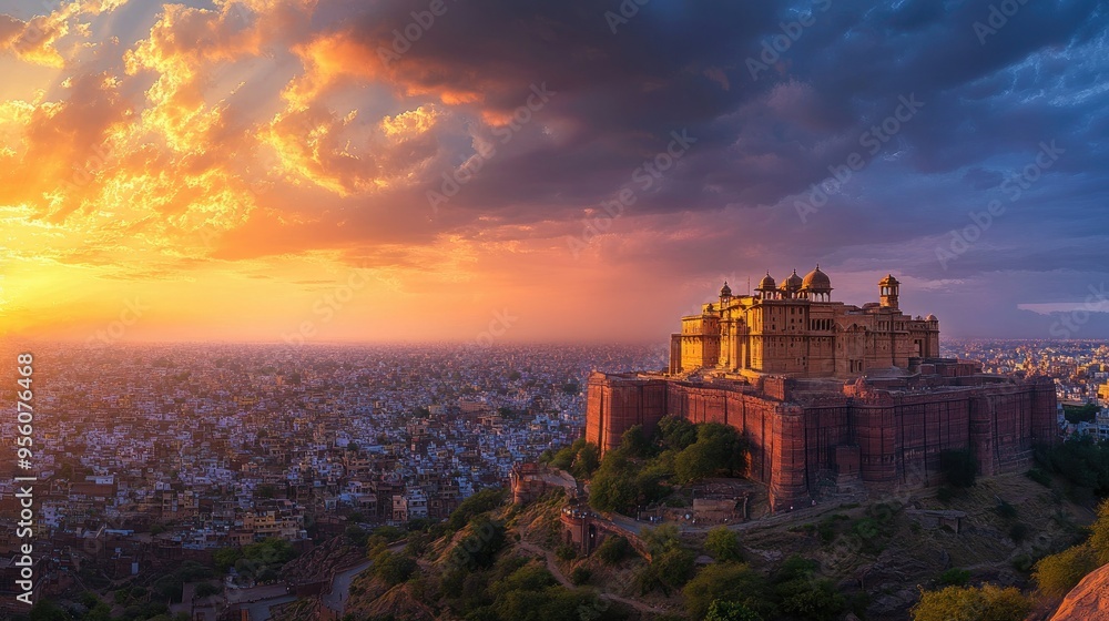Golden hour over Jaswant Thada and Mehrangarh Fort, with dramatic sky, Jodhpur, India Golden hour over Jaswant Thada and Mehrangarh Fort, with dramatic sky, Jodhpur, India