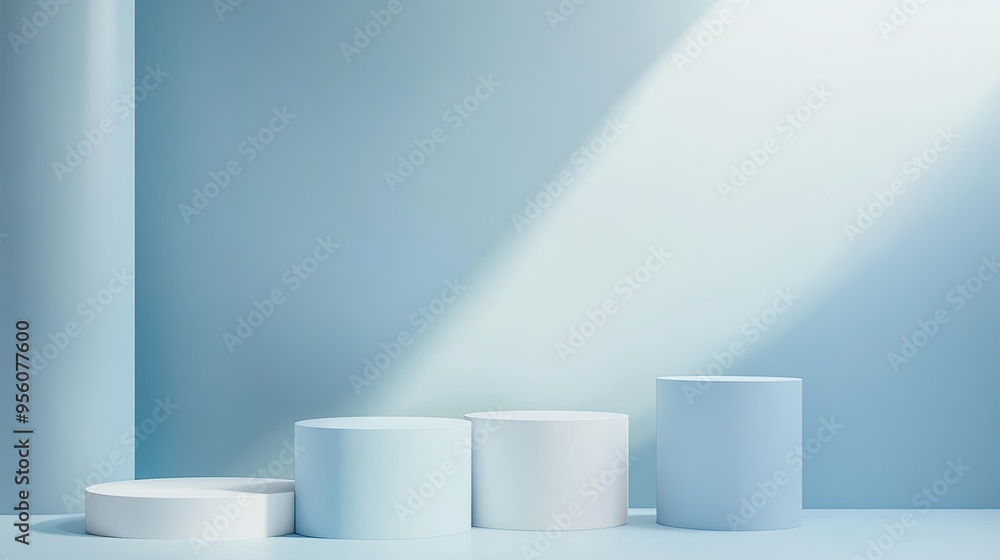 Light blue backdrop with podiums at different heights, perfect for displaying products in a clean and elegant setting