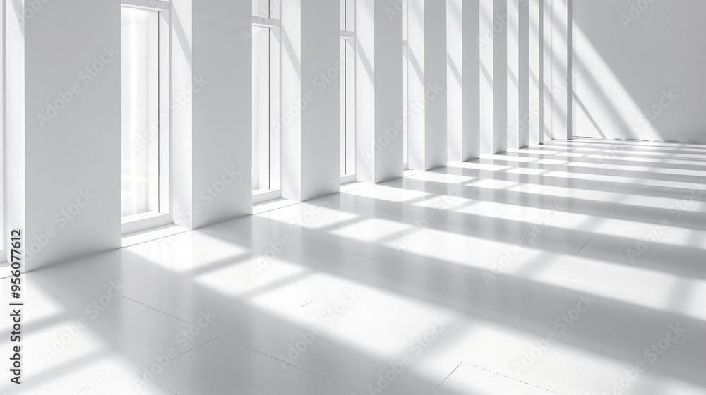 Obraz premium Sunlight streaming through tall windows casting long shadows on a minimalist white floor. Concepts of modern architecture, natural light, and serene spaces.