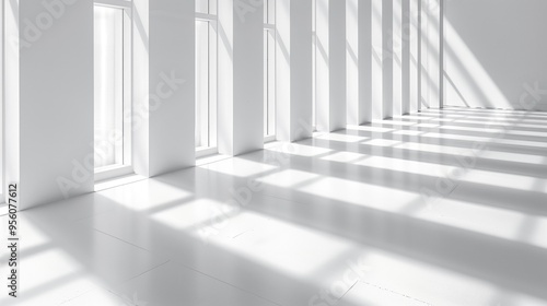 Sunlight streaming through tall windows casting long shadows on a minimalist white floor. Concepts of modern architecture, natural light, and serene spaces.