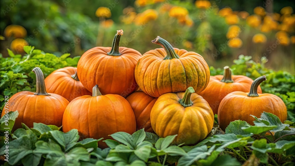 Cluster of pumpkins in green foliage on overcast day Cluster of pumpkins in green foliage on overcast day