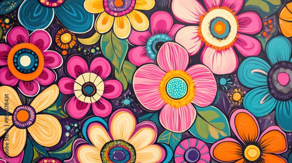 Fototapeta premium Modern cartoon-style flower pattern with pink and colorful abstract flowers on a lively background