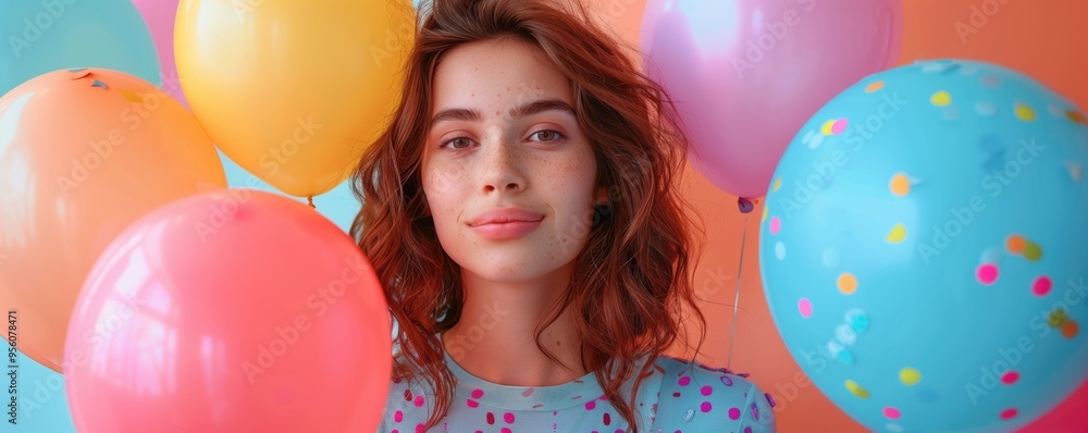 Obraz premium Young woman with wavy hair and freckles smiles while surrounded by colorful balloons. Concepts of happiness, celebration, and youthful joy.