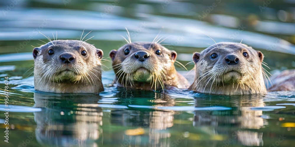 Three playful otters swimming gracefully in a serene body of water