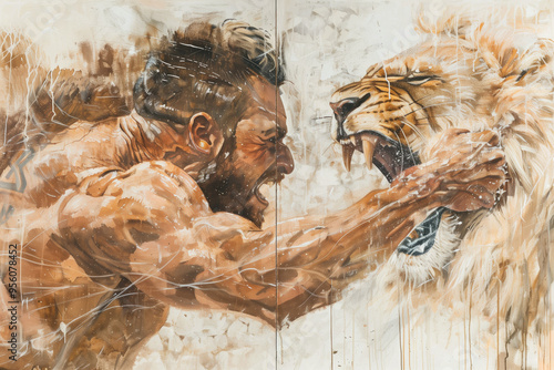 Intense painting of a muscular man wrestling a roaring lion, showcasing raw power and primal struggle. Concepts of strength, courage, and survival. photo