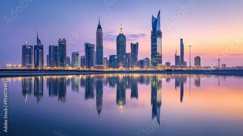 Modern Saudi Arabian city skyline reflecting in a serene body of water at dusk.