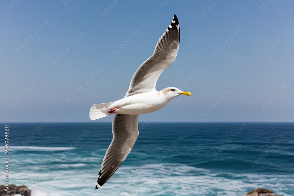 Fototapeta premium Majestic Seagull Flying Over the Ocean Waves