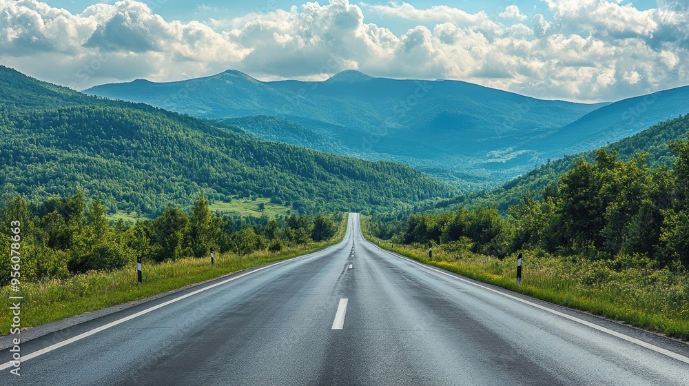 Naklejka premium Morning view of an asphalt highway stretching through green mountains, with clouds hovering above