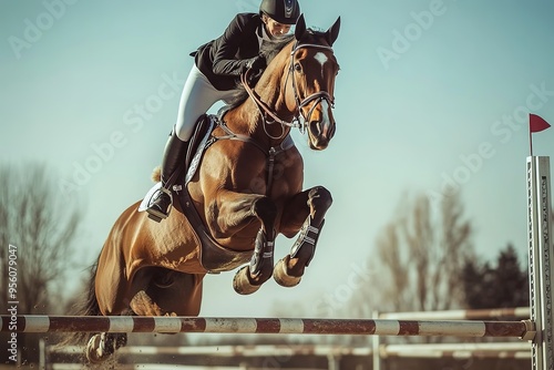 Equestrian jumping over obstacle at horse show