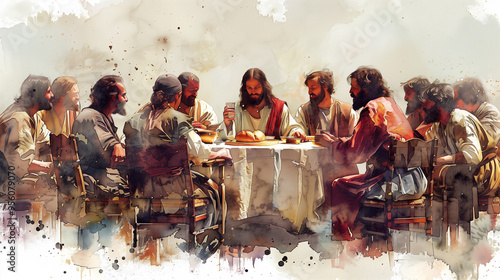 Watercolor depiction of the Last Supper with Jesus and his disciples sharing a meal. Concepts of faith, history, and religious significance in Christian culture.