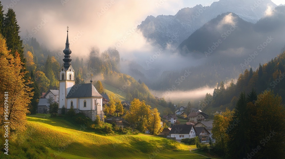 Fototapeta premium Picturesque view of St. Sebastian Church and Ramsau Village, bathed in the soft light of an autumn sunrise