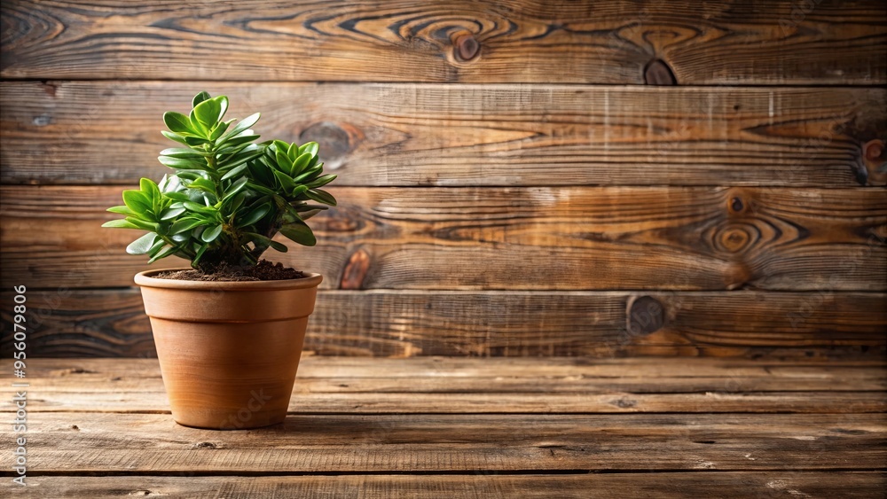 A serene scene with a potted plant set on a rustic wooden table A serene scene with a potted plant set on a rustic wooden table
