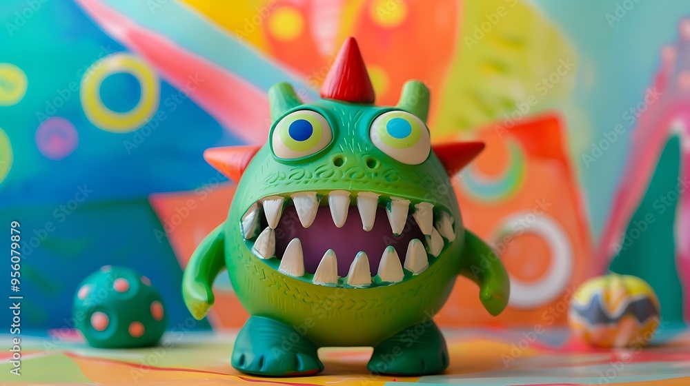 Green toy monster with a large teeth put against a vibrantly colored backdrop Green toy monster with a large teeth put against a vibrantly colored backdrop