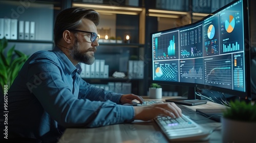 Focused man in glasses working on multiple computer screens in a modern office at night. Concepts of data analysis, technology, and professional work environment.