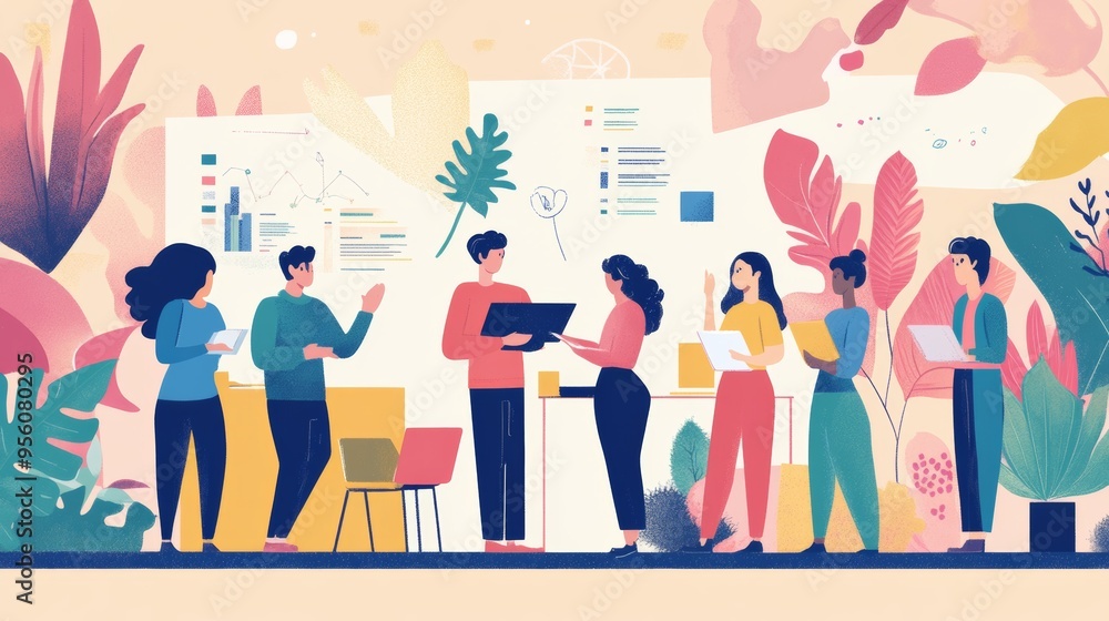 A diverse group of people collaborate and discuss ideas with charts and graphs in the background, representing teamwork and productivity in a lively atmosphere. A diverse group of people collaborate and discuss ideas with charts and graphs in the background, representing teamwork and productivity in a lively atmosphere.