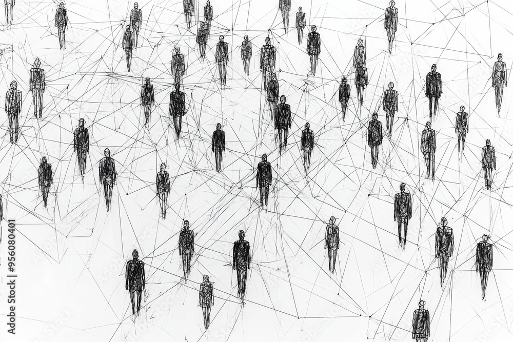 Naklejka premium Simple people shapes connected by lines created with Generative AI