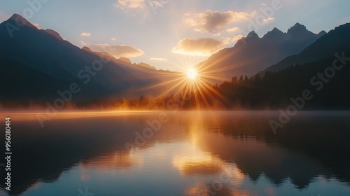 Rays of sunlight peek over the mountain peaks, reflecting on the still surface of a peaceful lake at sunrise