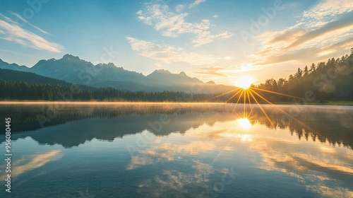 Rays of sunlight peek over the mountain peaks, reflecting on the still surface of a peaceful lake at sunrise