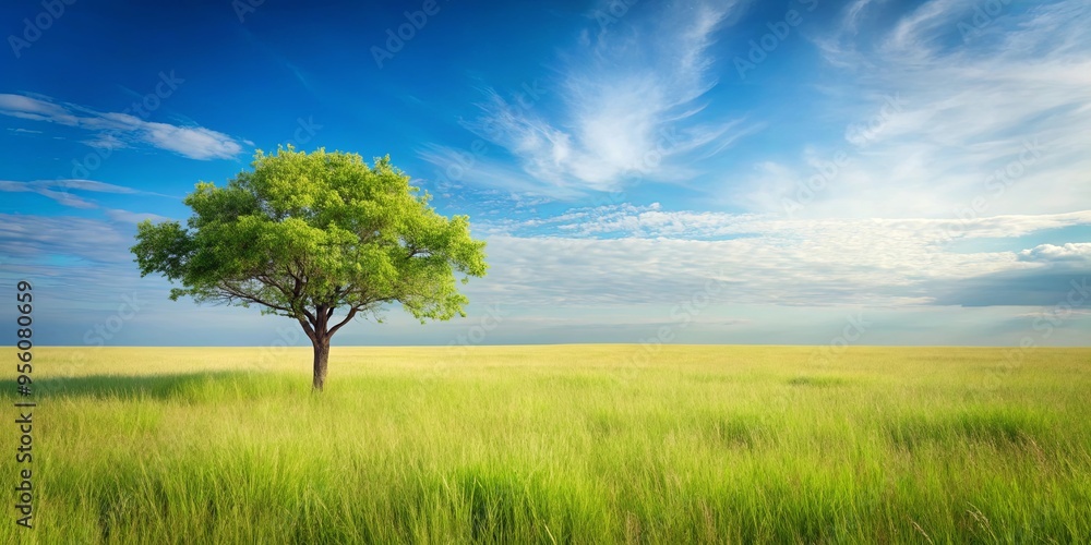 Obraz premium A tiny tree standing alone in a sea of tall grass in a serene meadow