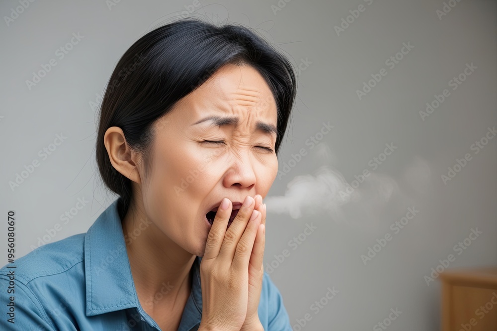Asian Woman Coughing and Struggling with Flu Symptoms on Isolated Background Asian Woman Coughing and Struggling with Flu Symptoms on Isolated Background