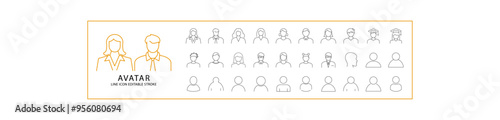 Avatar icon set whose lines can be edited. Containing avatar, profile, icon set, person, children, face, hair, woman, young, adult. Vector Illustration.