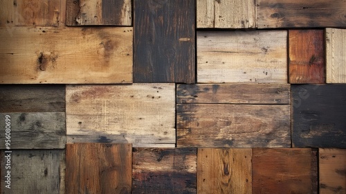 Rustic wood background crafted from old wine crates, showcasing aged textures and rich wood tones