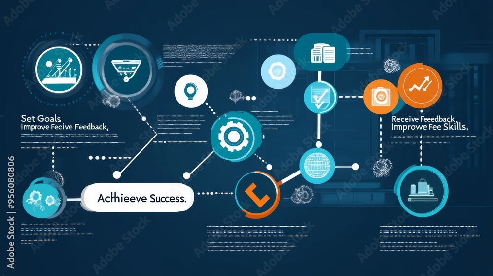 A visual representation of a workflow process to achieve success, with emphasis on setting goals, receiving feedback, and improving skills. A visual representation of a workflow process to achieve success, with emphasis on setting goals, receiving feedback, and improving skills.