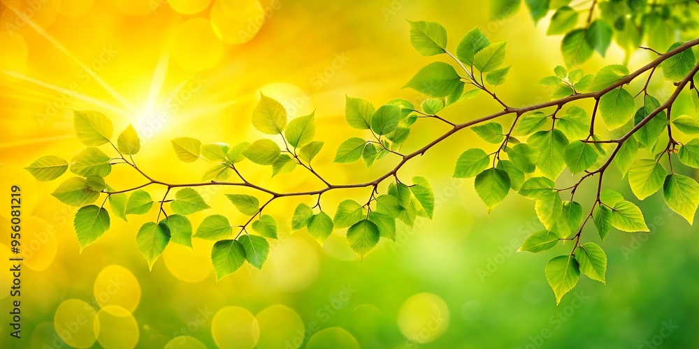 Vibrant tree branch with green leaves against a sunny yellow background Vibrant tree branch with green leaves against a sunny yellow background