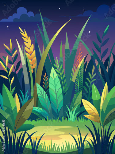 Nighttime Forest Clearing with Lush Greenery