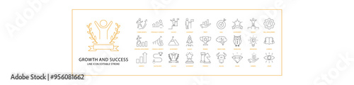 Growth And Success Icon Set In Line Style. Containing business, strategy, vector, progress, goal, chart, career, symbol, finance, profit, etc. Vector Illustration.