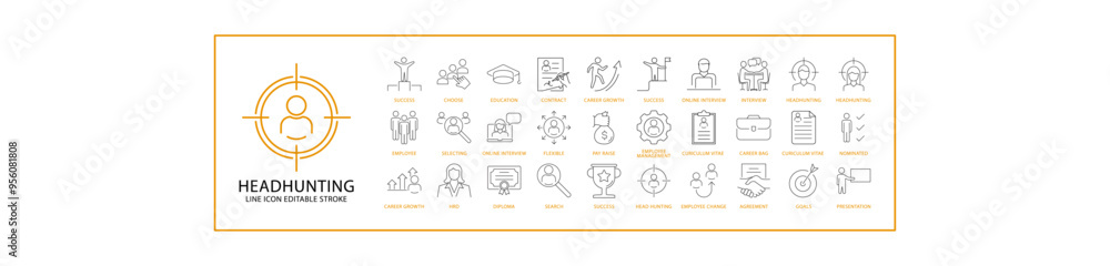 Head Hunting Icon Set In Line Style. Containing recruitment, job, business, search, symbol, career, employment, line, contract, human, work, partnership, manager, etc. Vector Illustration. Head Hunting Icon Set In Line Style. Containing recruitment, job, business, search, symbol, career, employment, line, contract, human, work, partnership, manager, etc. Vector Illustration.