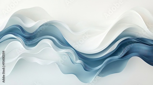 Soft, abstract wavy lines in shades of white and blue, forming a fluid pattern against a light, neutral background.