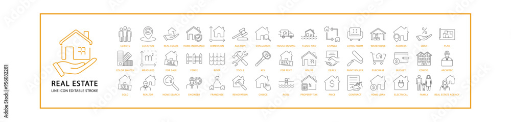 Real Estate Icon Set In Line Style. Containing apartment, home, house, building, property, rent, mortgage, residential, etc. Vector Illustration.