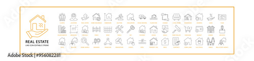 Real Estate Icon Set In Line Style. Containing apartment, home, house, building, property, rent, mortgage, residential, etc. Vector Illustration.