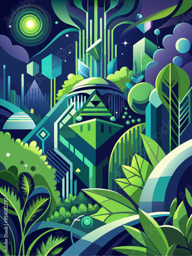 Nighttime Cityscape with Lush Greenery and Geometric Shapes
