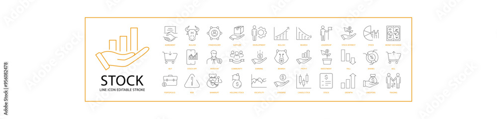 Stock Icon Set In Line Style. Containing finance, financial, money, line, growth, investment, payment, banking, bank, etc. Vector Illustration. Stock Icon Set In Line Style. Containing finance, financial, money, line, growth, investment, payment, banking, bank, etc. Vector Illustration.