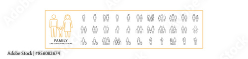 Types Of Family Structure icons. Set line people icon related to family members. Vector illustration. Editable stroke.	