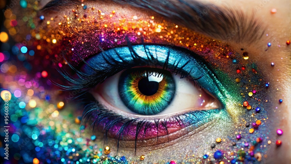 Close-up view of colorful and sparkling eye with glitter makeup Close-up view of colorful and sparkling eye with glitter makeup