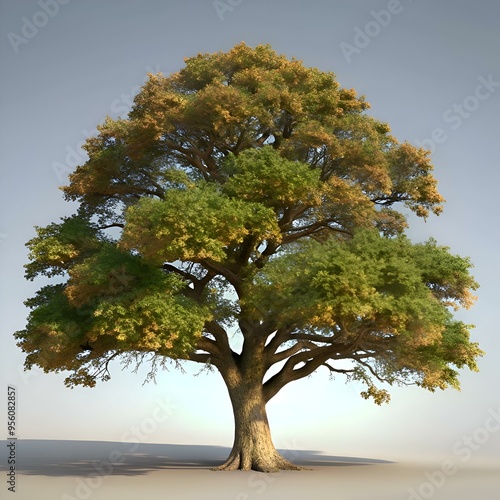 A stunning 3D illustration of a majestic Chinkapin Oak tree with vibrant autumn foliage. photo