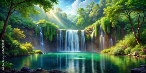 Fototapeta Naklejka Na Ścianę i Meble -  A beautiful waterfall painting at the center of a calm lake with lush greenery surrounding it