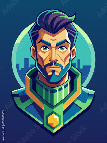Stylized Portrait of a Man with a Green and Blue Geometric Patterned Chestplate