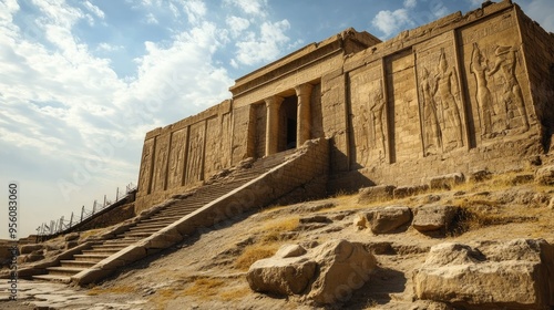 The ancient ruins of Nimrud, with stone carvings and reliefs visible on the walls photo